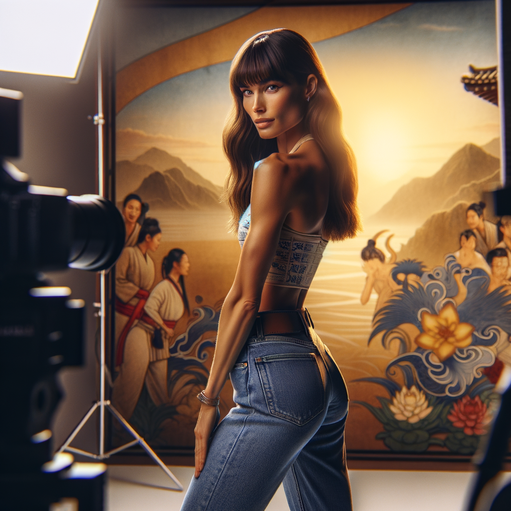 Athletic Thin skinny Attractive, Asian teenage girl, long brown hair and bangs, wearing tight skinny jeans and a halter top paint marks on her clothing, heroic pose Asian graffiti background, backside view