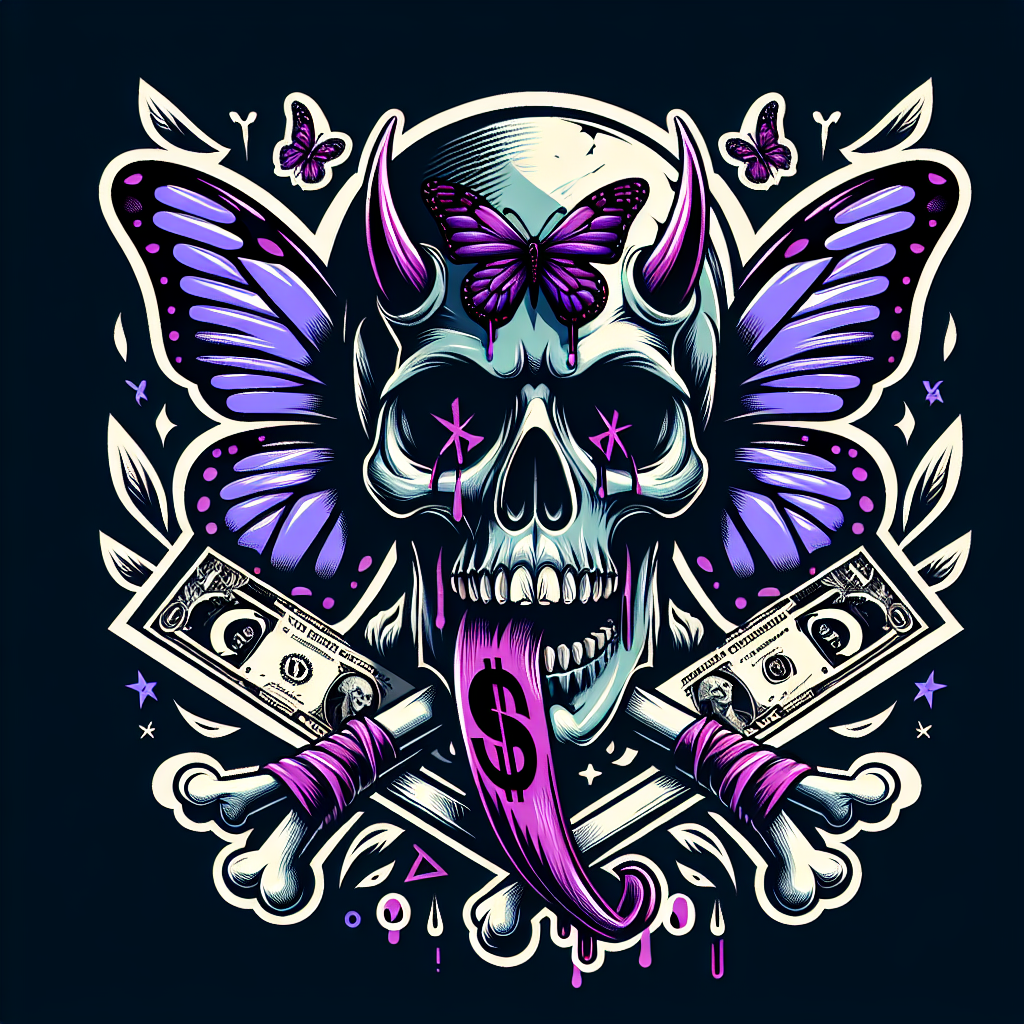 Death 
 logo with butterflies and purples(masterpiece, best quality),vicious extremely detailed, skull and bones and money everywhere, (detailed eyes)Make different shaped logos [Make sure image fits in space allowed] animated, influenced by horror elements, dressed in a oozing graffiti horns. utilizing a stylized dollar sign. elongated tongue should be playfully sticking out. Beneath the figure, incorporate in a old english unique, bold font that complements the edgy aesthetic, the words "BAGGS & BONEZ" FOR THE BRAND NAME ON THE LOGO.((best quality)), ((masterpiece)),  ,, (8k), RAW photo, best quality, ultra high res,( realistic), should have an exaggerated expression, with a long, protruding tongue.sharp features and large horns,