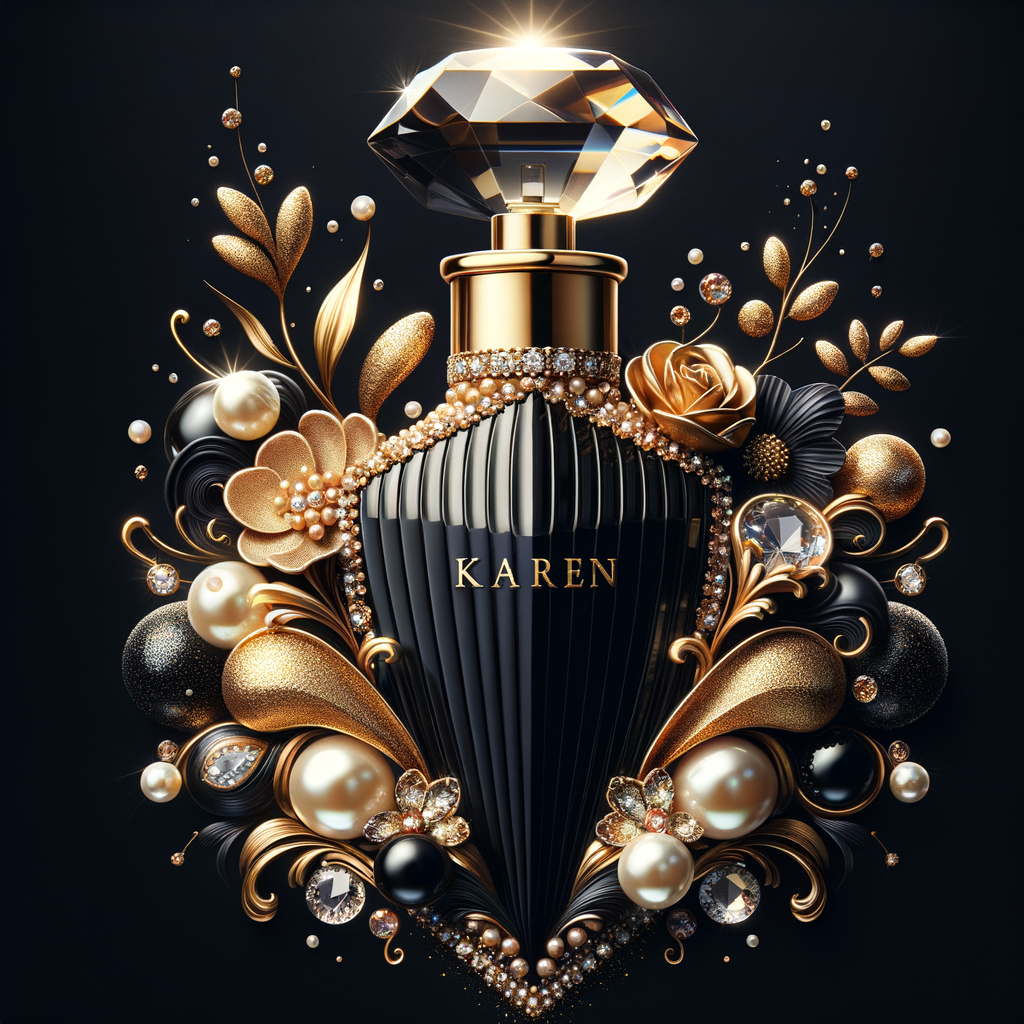 Design a fancy, black and gold bottle of perfume in the shape of a woman’s body. With a golden diamond top, flowers pearls and Diamonds in the name, Karen