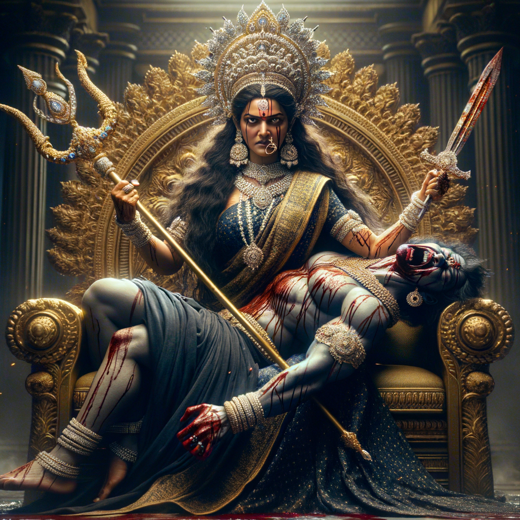 portrait of angry looking goddess durga sitting on a gold crown and carrying a weak mahishasur on her lap and stabbing him with her amazingly designed trident. She is wearing a huge diamond crown, black saree, abundant diamond jewelry, covered in blood. The scene is set in ancient India. The image is 8K resolution, photograph, cinematic, ultra detailed face and epic.