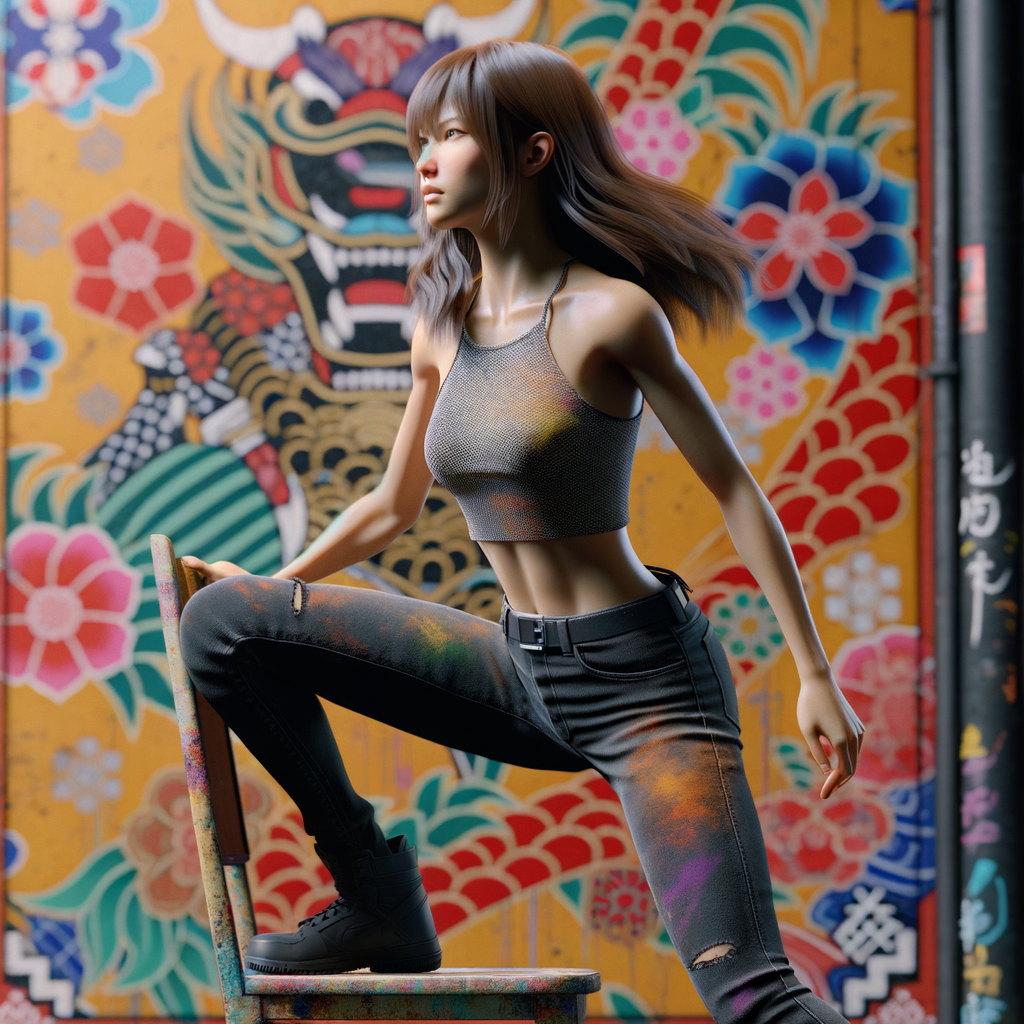 Athletic Thin skinny Attractive, Asian teenage girl, long brown hair and bangs, wearing tight skinny jeans and a halter top paint marks on her clothing, heroic pose Asian graffiti background, straddling a backward chair