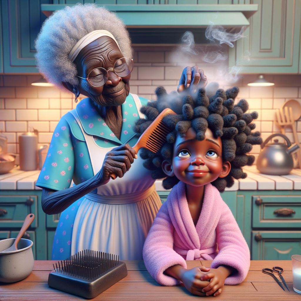 Create a realistic 3-D image of an african-American grandmother wearing a blue house dress and a white apron . She is in the kitchen with her african-American granddaughter. Her granddaughter is wearing a pink bath robe. The grandmother has a hot comb in her hand and she is straightening her granddaughters hair. One side of her granddaughters hair is in  a Afro the other straight 
There is smoke coming from the hot comb
The granddaughter is making a face as if to say grandma that hurt