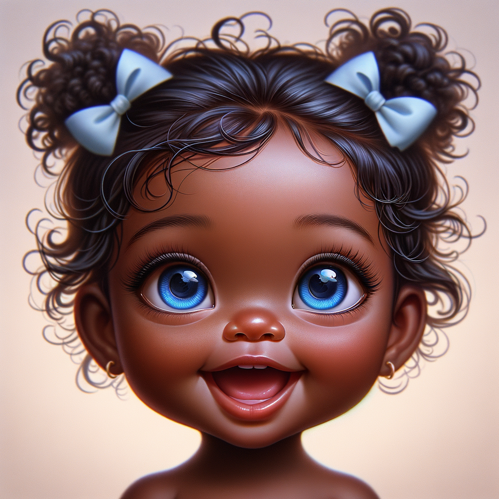 "Create a digital portrait of an adorable african-American baby girl with a joyful expression. Her big, bright blue eyes are wide with wonder, and her tiny mouth is shaped in a happy grin. Her skin has a warm, honey-brown tone, and she has an abundance of curly black hair, playfully tied up with light blue bows. The background is soft and neutral to keep the focus on her delightful features. The portrait should be vibrant and heartwarming, celebrating the innocence and charm of childhood."