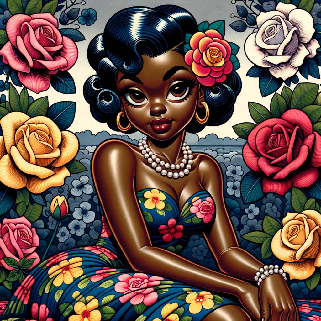 An illustrated  African-American, Betty Boop with exaggerated features reminiscent of vintage pin-up art. The character has large, expressive eyes, short wavy black hair, and is wearing a colorful, floral-print dress with a deep blue background and tropical flowers in vivid colors like yellow, pink, and red. She's seated with one hand resting gently beside her, wearing a pearl necklace and gold hoop earrings. The background is filled with lush roses in shades of pink and red.