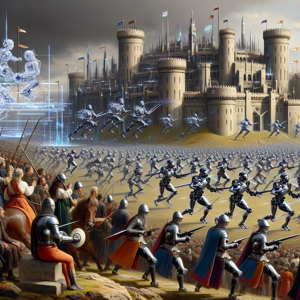 A chaotic battlefield with knights in traditional plate armor fighting alongside humanoid robots armed with futuristic rifles. The background features a massive stone fortress enhanced with holographic banners and digital defenses