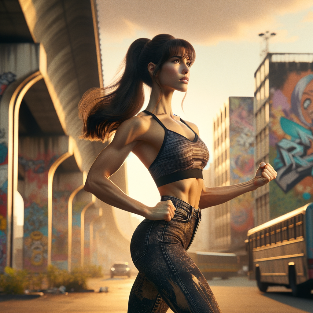 Athletic Thin skinny Attractive, Asian teenage girl, long brown hair and bangs, wearing tight skinny jeans and a halter top paint marks on her clothing, heroic pose Asian graffiti background, side view