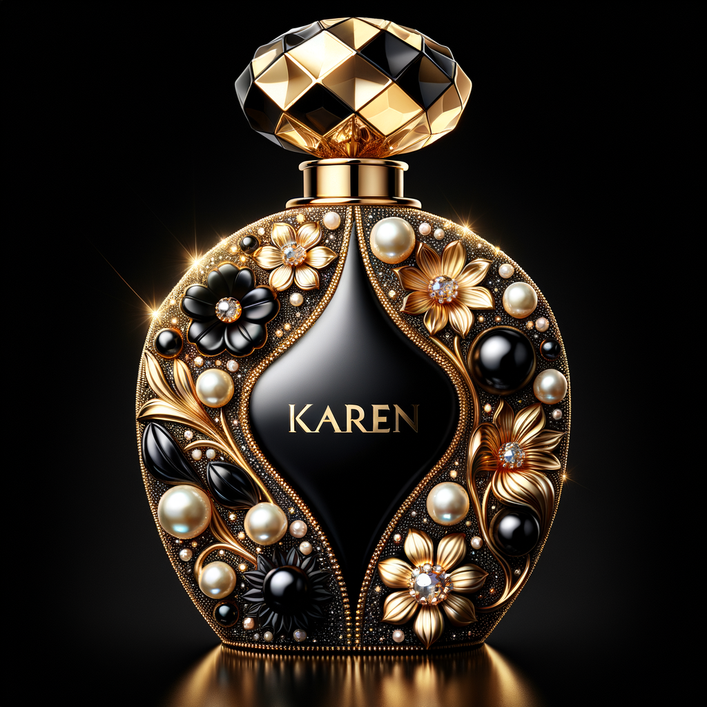 Design a fancy, black and gold bottle of perfume in the shape of a woman’s body. With a golden diamond top, flowers pearls and Diamonds in the name, Karen