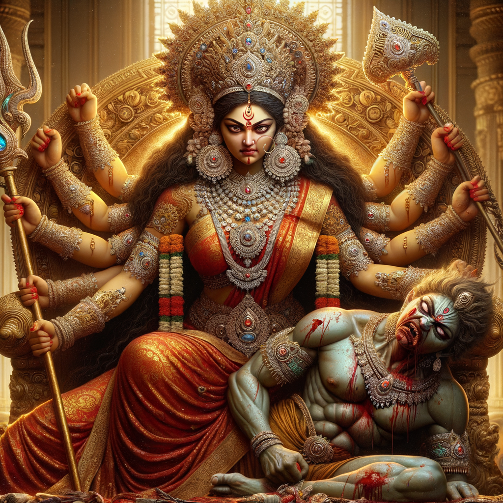 portrait of angry looking goddess durga, sitting on a gold crown and carrying a weak mahishasur on her lap. She is wearing diamond armor, a huge diamond crown, red saree, abundant diamond jewelry, covered in blood. The scene is set in ancient India. The image is 8K resolution, cinematic, ultra detailed face and epic.