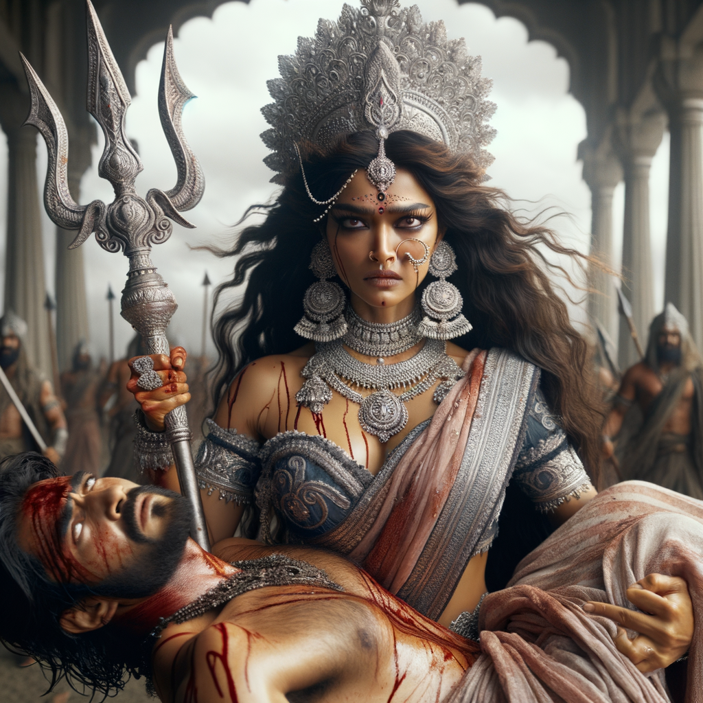 photography of angry looking, gorgeous goddess durga cosplayer carrying a weak mahishasur in her two arms and stabbing him with her amazingly designed trident. She is wearing a huge silver crown, pink saree, abundant silver jewelry, covered in blood. The scene is set in ancient India. The image is 8K resolution, cinematic, ultra detailed face and epic.