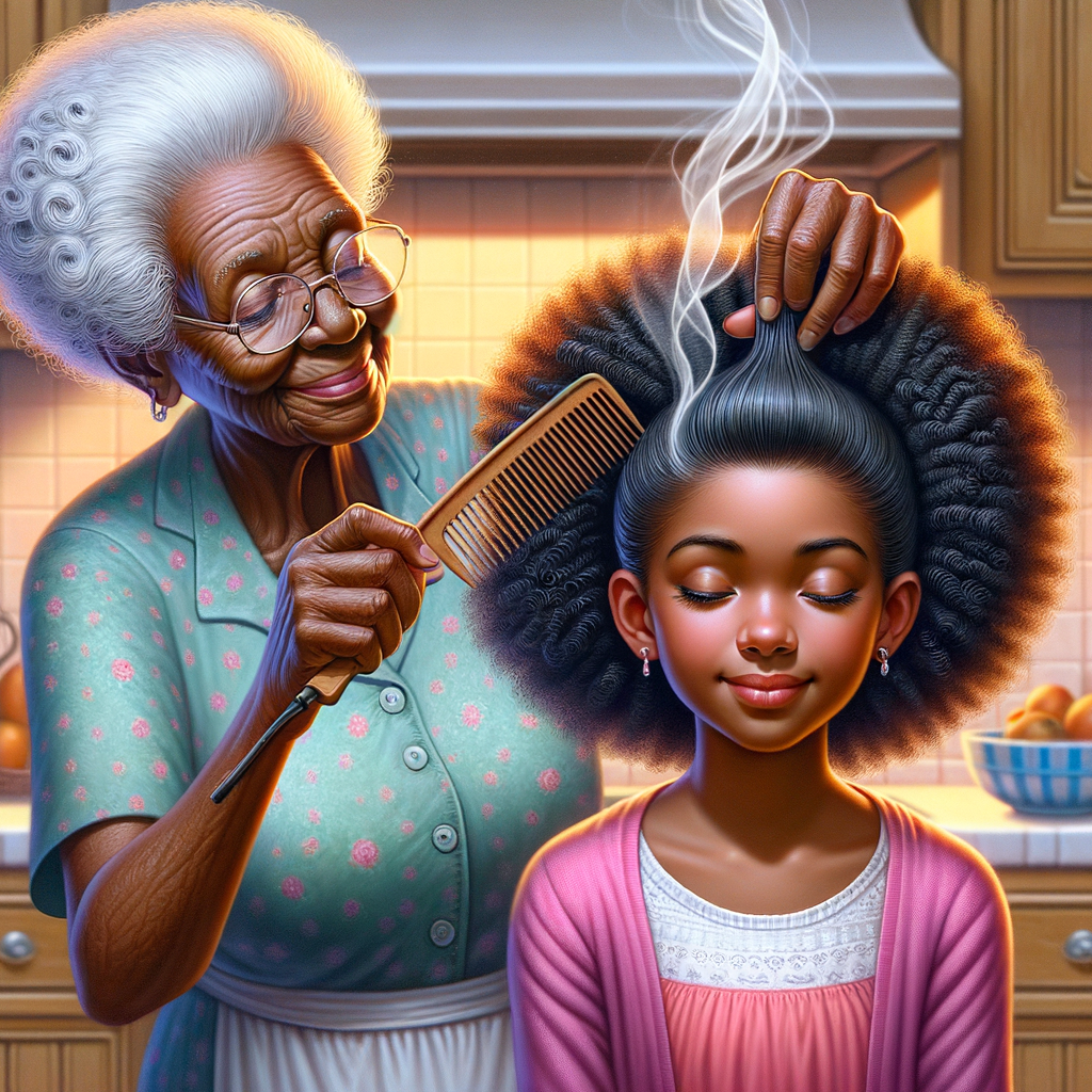 Create a realistic 3-D image of an african-American grandmother in the kitchen with her african-American granddaughter. The grandmother has a hot comb in her hair and she is straightening her granddaughters hair. One side of her granddaughters hair is in  a Afro the other is bone straight 
There is smoke coming from the hot comb