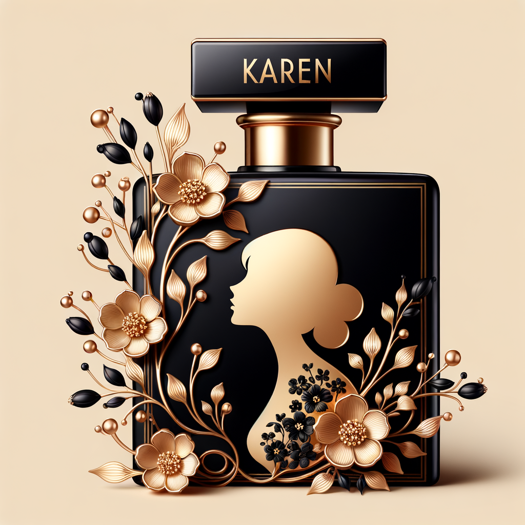 Design, a black and gold perfume bottle in the shape of a woman’s body with flowers and the name Karen