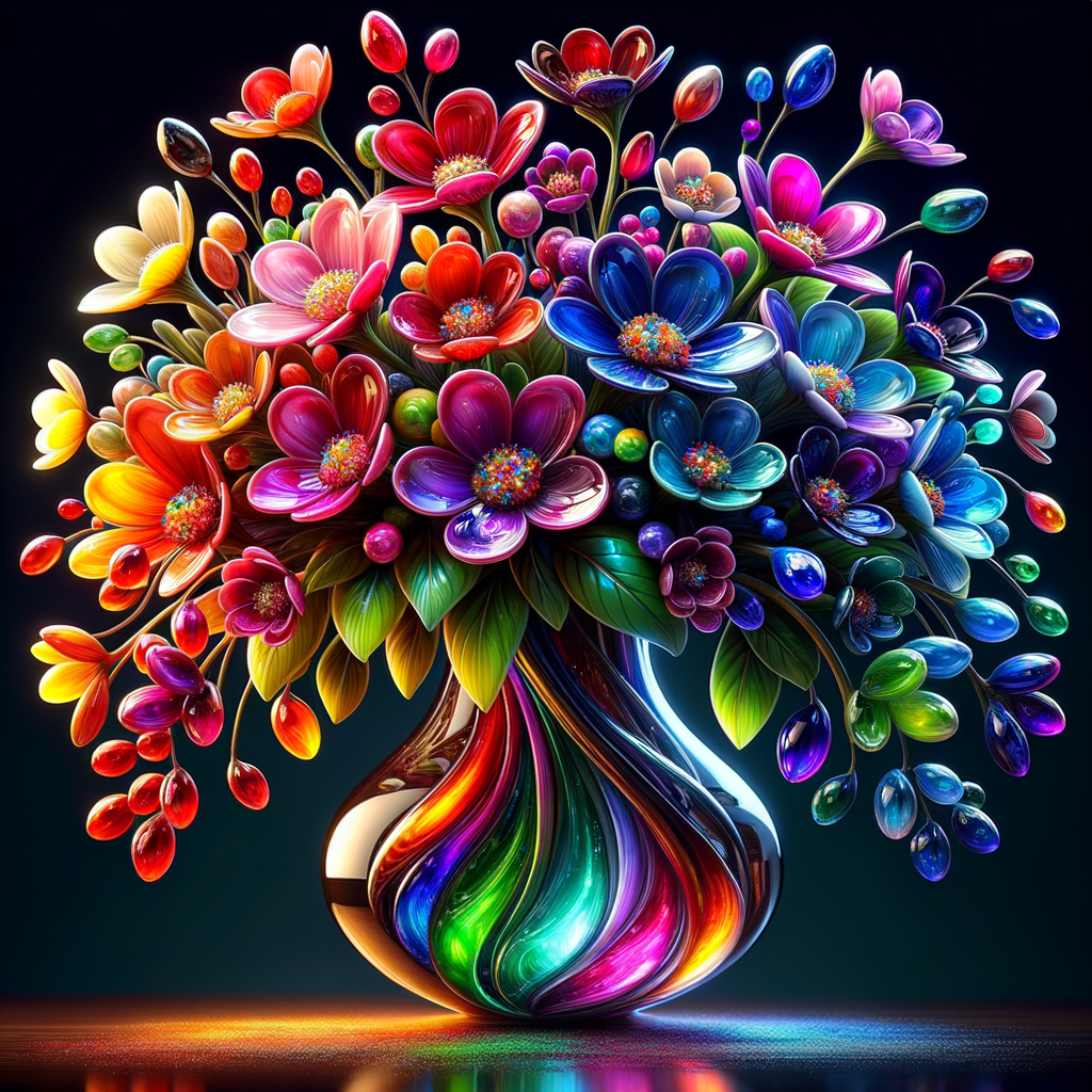 A vibrant and whimsical bouquet of glossy, multicolored flowers, each petal radiating joy in a spectrum of red, pink, blue, purple, orange, and yellow hues, assembled in a reflective, curved glass vase. The stems and leaves are rendered in rich, lifelike greens, contrasting beautifully with the brightly hued petals. The vase, positioned on a dark surface, holds a magical arrangement where the lower half is filled with layers of sparkling, jewel-toned crystals, creating a rainbow gradient from green to blue to fiery orange. Each flower seems to have a character of its own, contributing to a cheerful and enchanting composition that exudes the essence of a dreamy, enchanted garden.