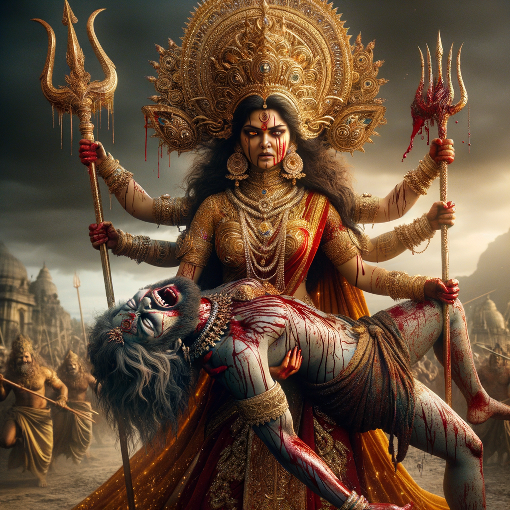 portrait of angry looking goddess durga  carrying a weak mahishasur in her arms and stabbing him with her amazingly designed trident. She is wearing a huge gold crown, red saree, abundant  gold jewelry, covered in blood. The scene is set in ancient India. The image is 8K resolution, cinematic, ultra detailed face and epic.