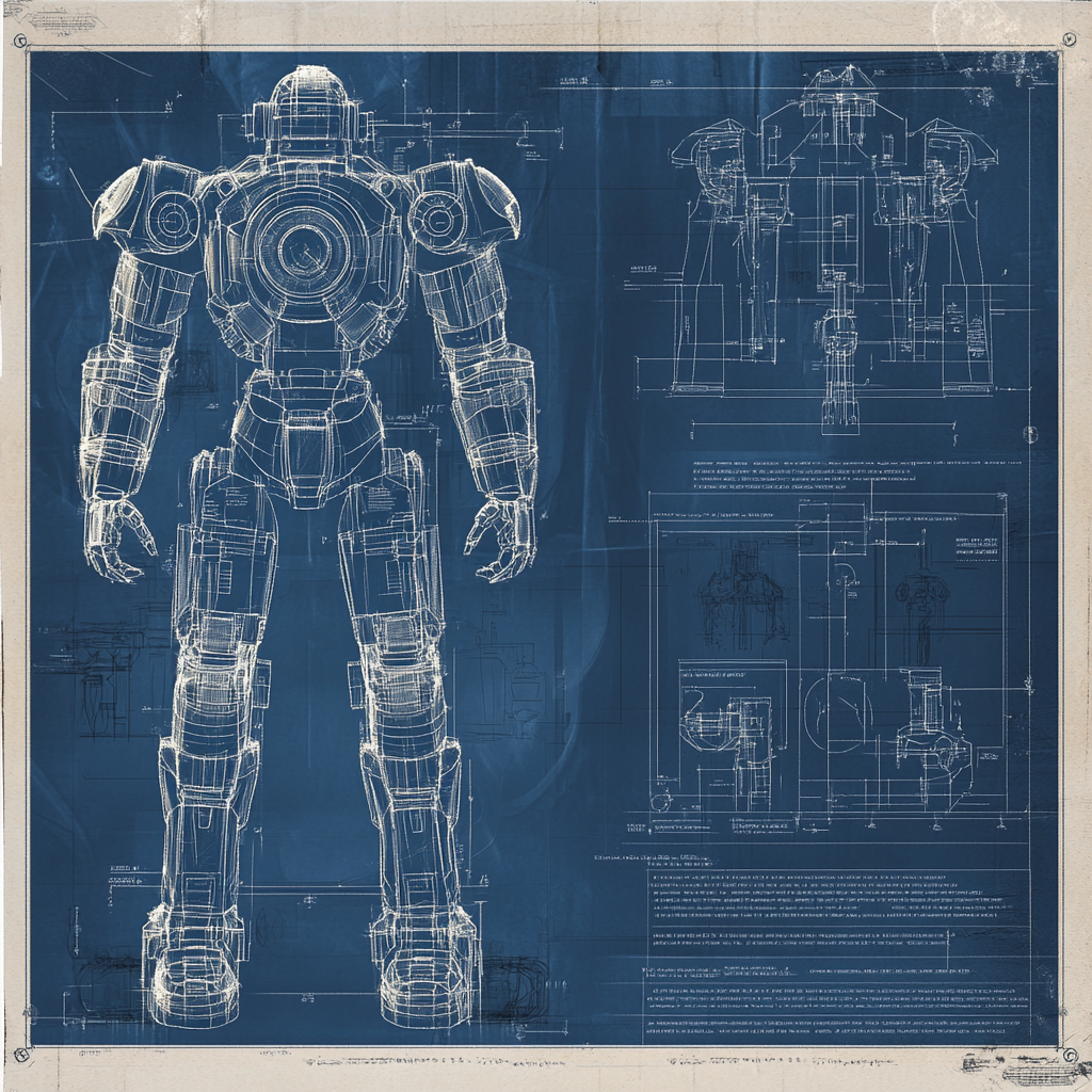 A detailed specification sheet on blueprint paper for robot with callouts and dimensions, highly technical