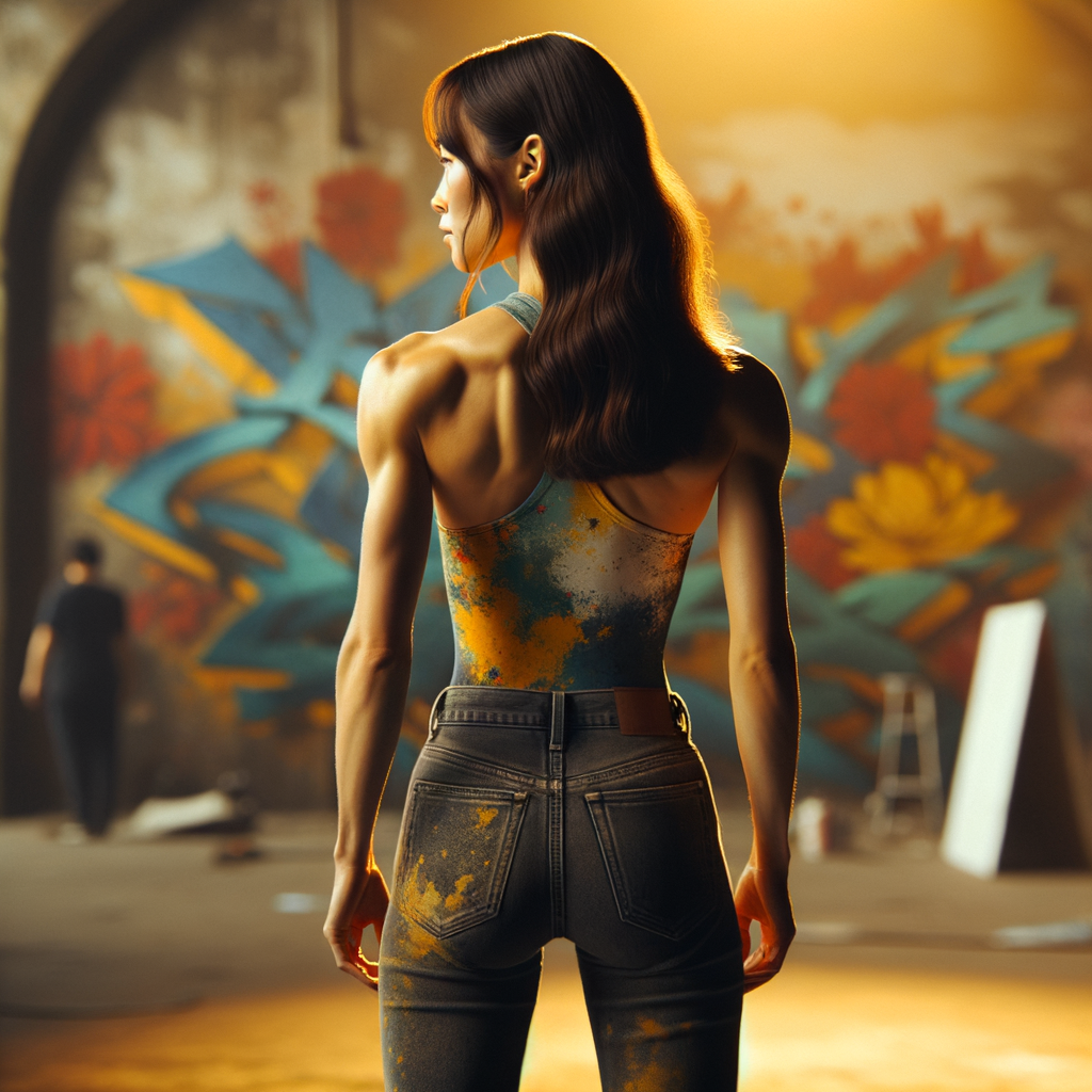 Athletic Thin skinny Attractive, Asian teenage girl, long brown hair and bangs, wearing tight skinny jeans and a halter top paint marks on her clothing, heroic pose Asian graffiti background, backside view