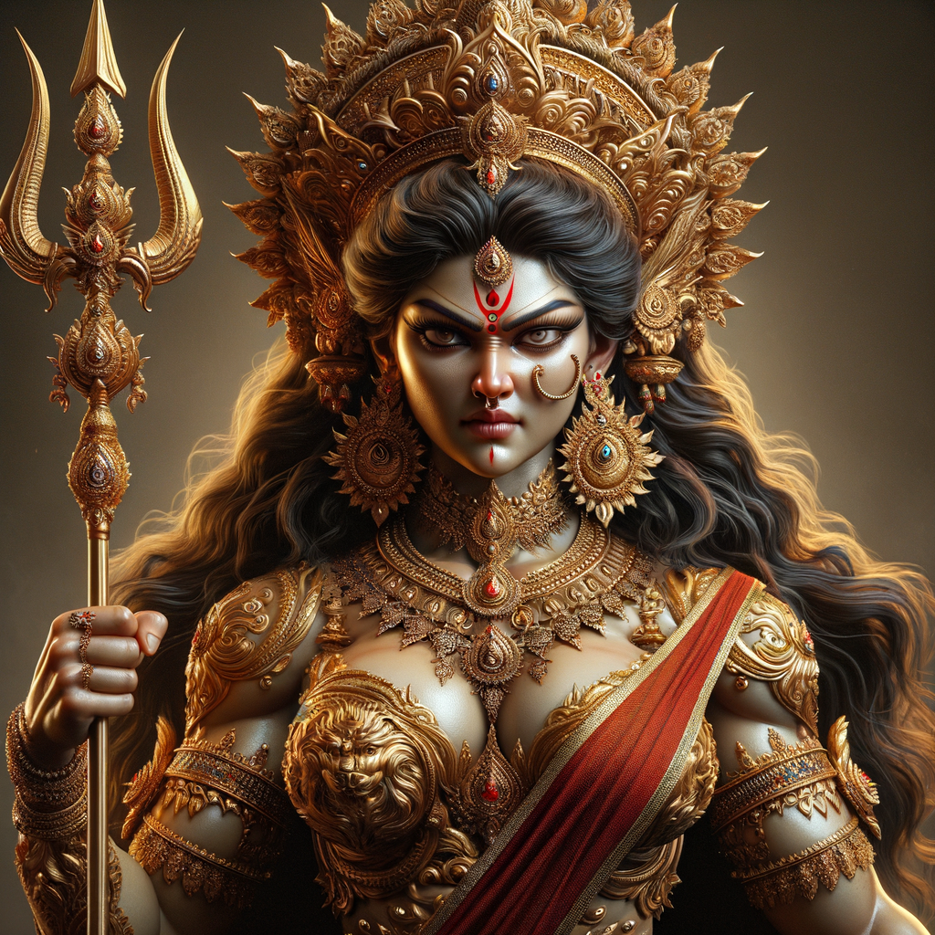 Waist up portrait of angry goddess durga  with athletic body, holding a trident, big breasts, wearing gold jewelry all over body, huge gold crown, red saree, gold armor, ultra detailed face, UHD, 8K, photography