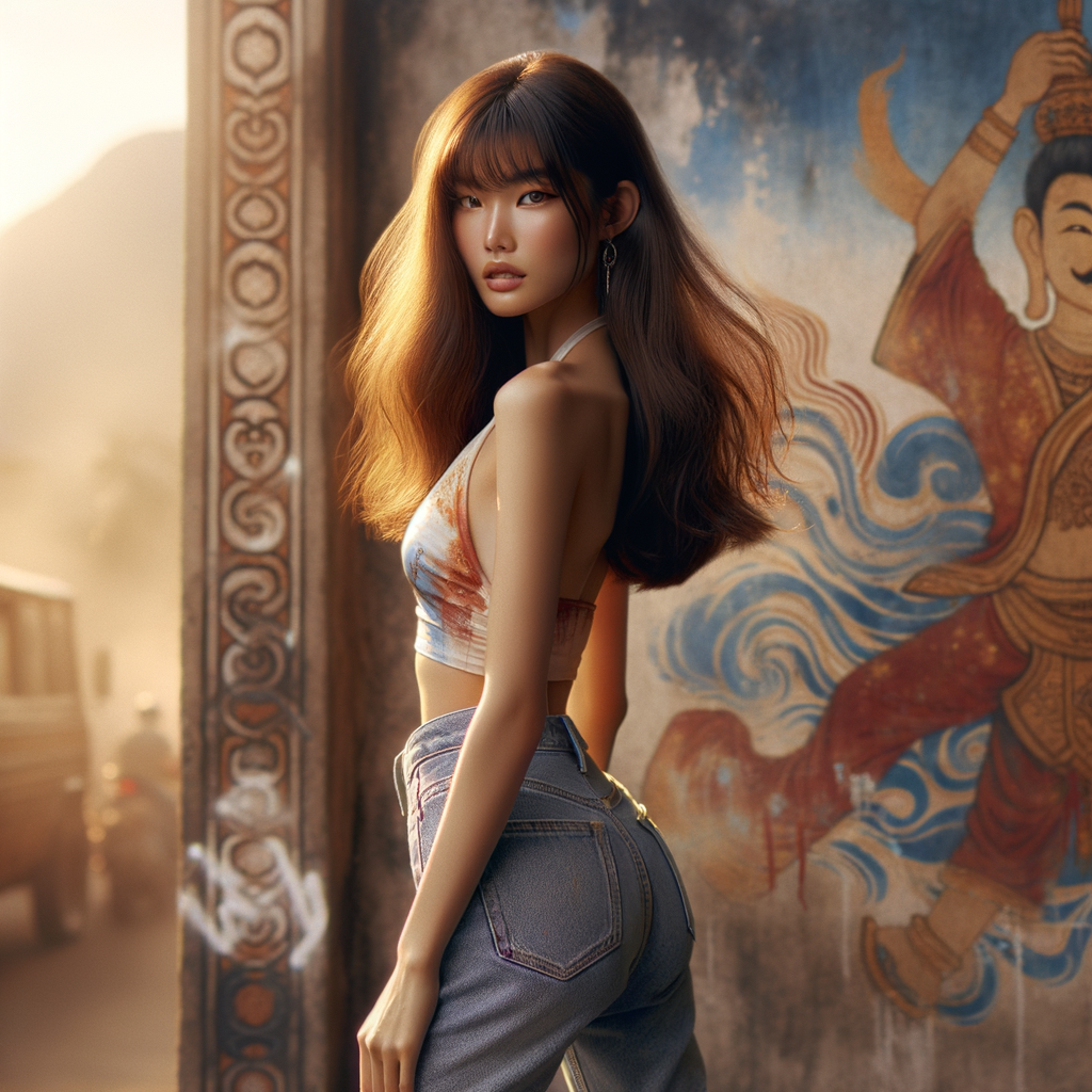 Athletic Thin skinny Attractive, Asian teenage girl, long brown hair and bangs, wearing tight skinny jeans and a halter top paint marks on her clothing, heroic pose Asian graffiti background, backside view