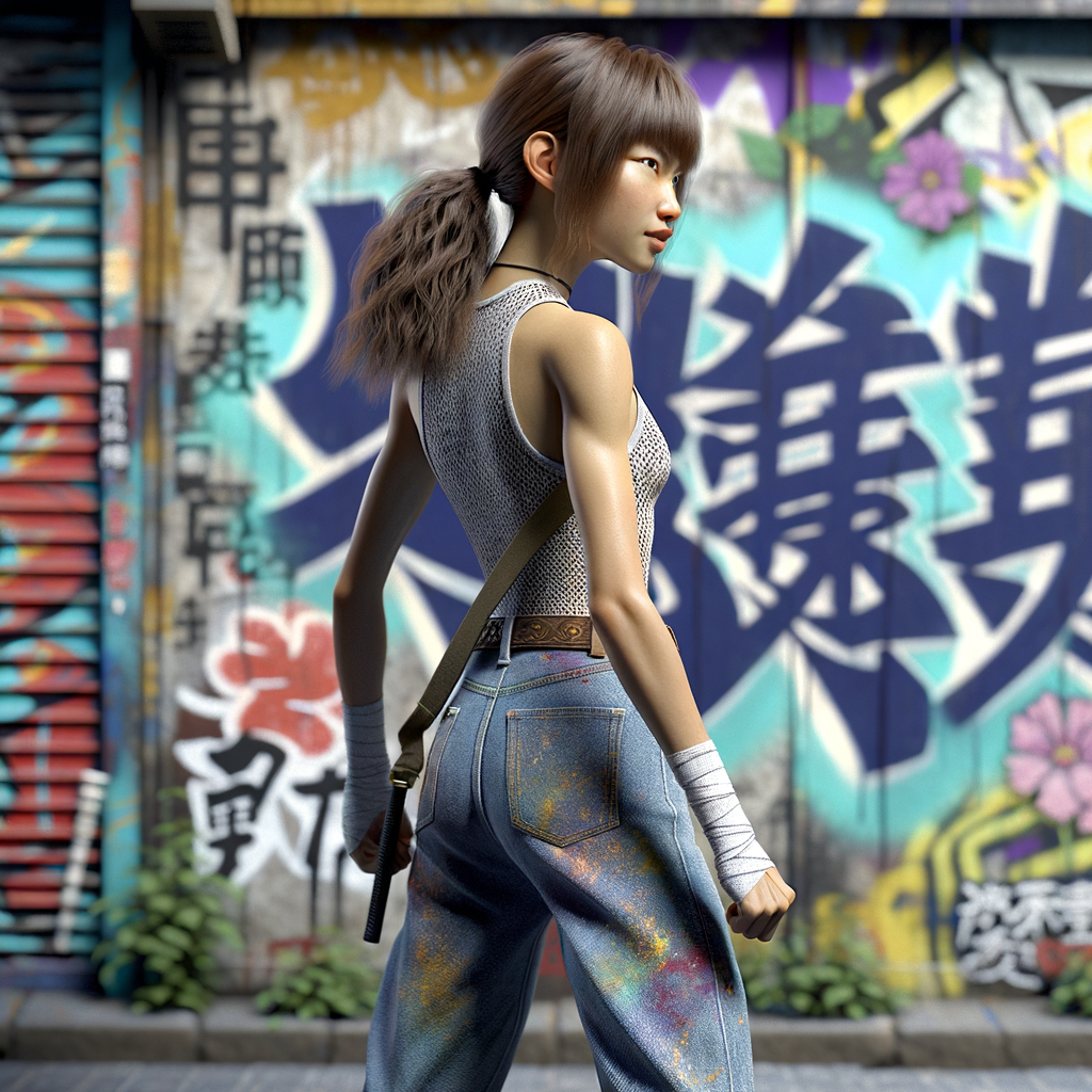 Athletic Thin skinny Attractive, Asian teenage girl, long brown hair and bangs, wearing tight skinny jeans and a halter top paint marks on her clothing, heroic pose Asian graffiti background, backside view