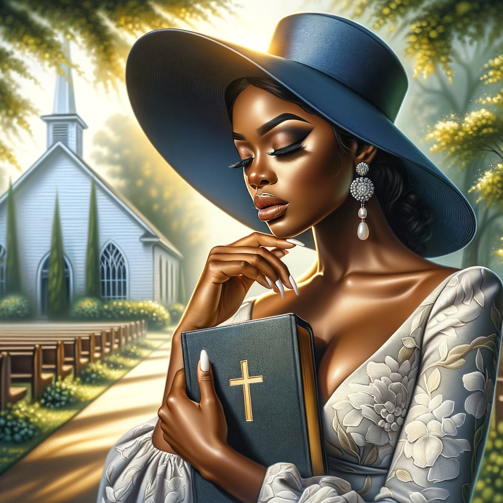 Render an airbrush oil painting of an African American woman with flawless makeup in a
contemplative pose, holding a Bible close to her heart, dressed in an elegant Sunday Best
outfit with a distinctive Church Hat. The background features a peaceful church garden,
with light filtering through the trees, highlighting her spiritual connection and the personal
moment of reflection. The artwork should capture the tranquility of the scene, the beauty
of her attire, and the depth of her contemplation, reflecting a serene and spiritually