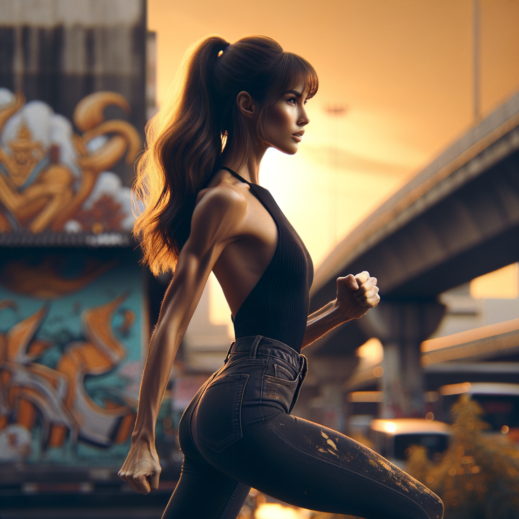 Athletic Thin skinny Attractive, Asian teenage girl, long brown hair and bangs, wearing tight skinny jeans and a halter top paint marks on her clothing, heroic pose Asian graffiti background, backside view