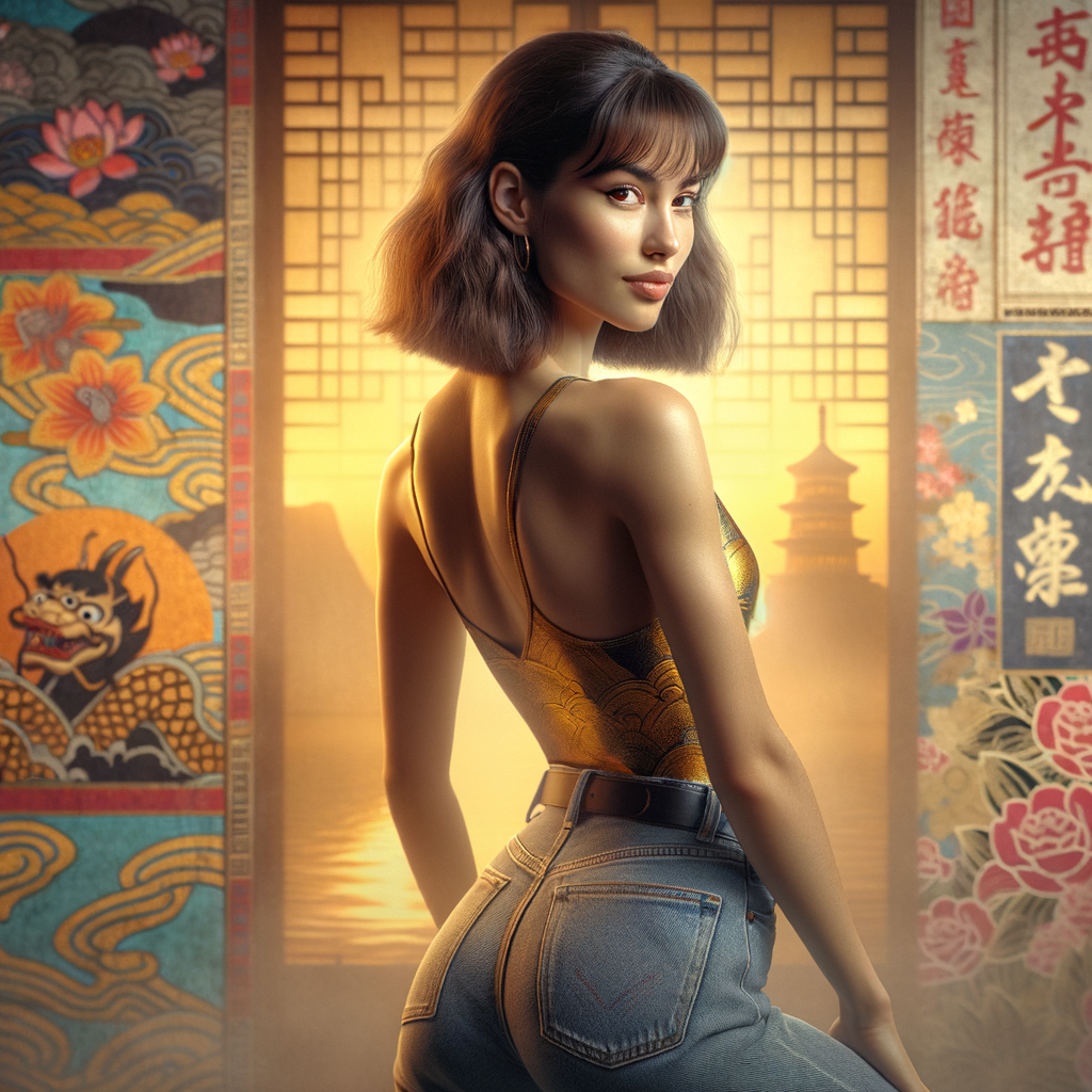 Athletic Thin skinny Attractive, Asian teenage girl, long brown hair and bangs, wearing tight skinny jeans and a halter top paint marks on her clothing, heroic pose Asian graffiti background, backside view