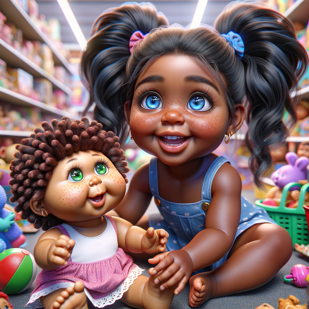 Create a 3-D realistic image of an African-American little girl above the age of five she has huge, blue eyes and thick long ponytails.
She is in a toy store and she is playing with her favorite african-American Cabbage Patch doll , the doll has deep, dimples and freckles