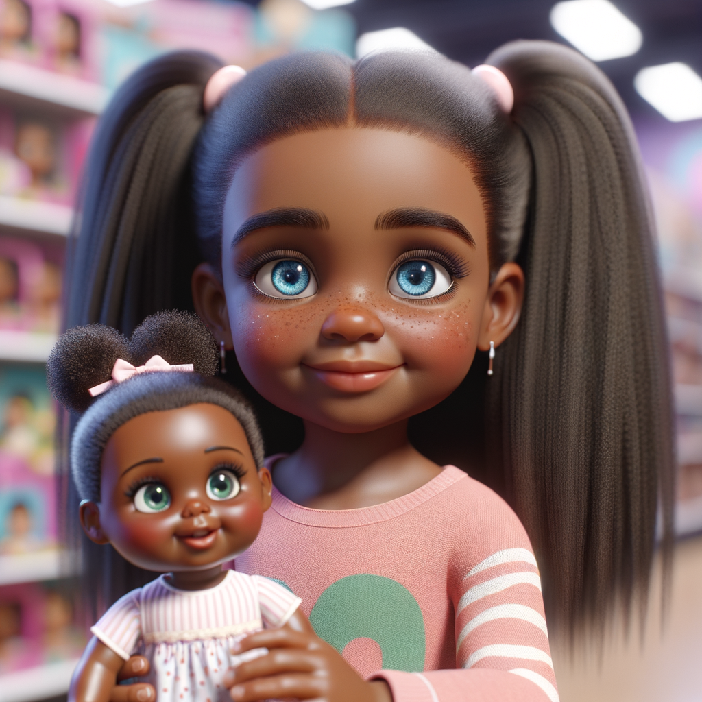 Create a 3-D realistic image of an African-American little girl above the age of five she has huge, blue eyes and thick long ponytails.
She is in a toy store and she is playing with her favorite african-American Cabbage Patch doll , the doll has deep, dimples and freckles