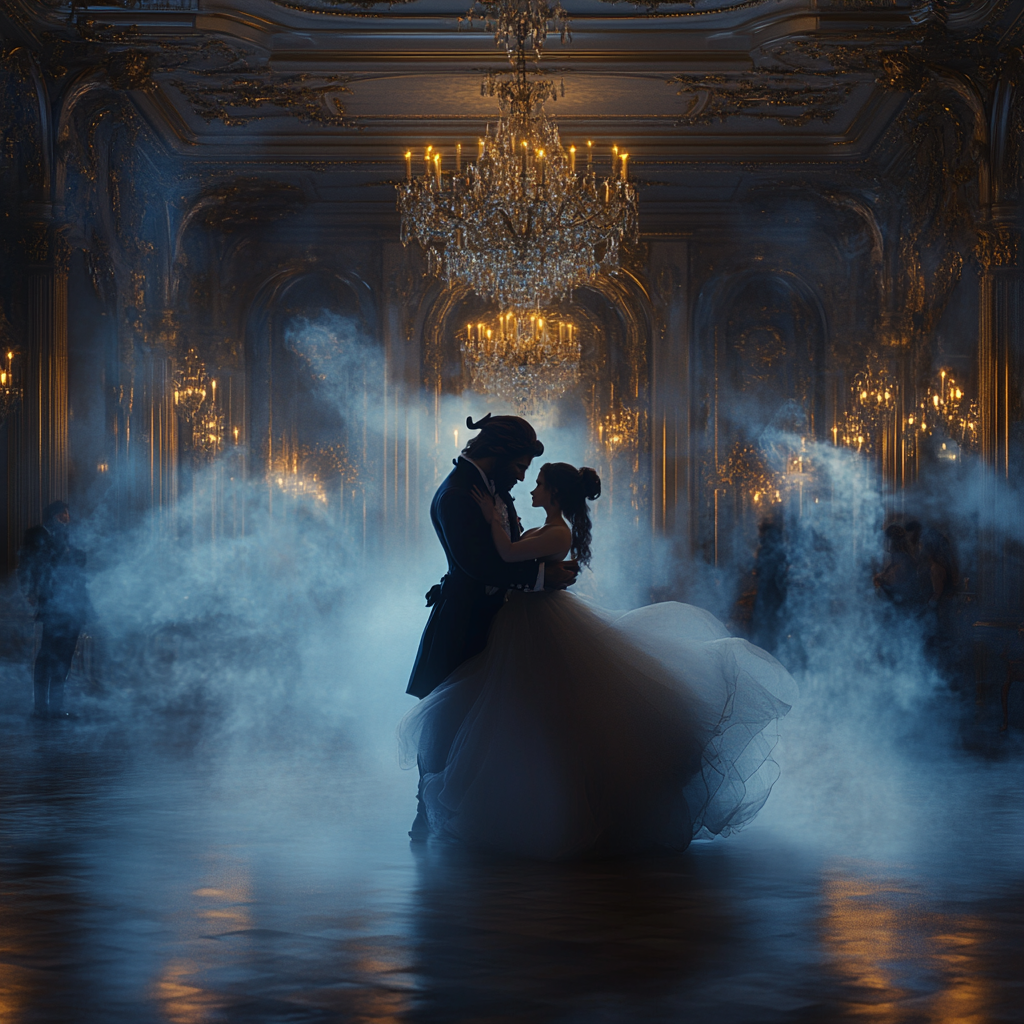 Beauty and the beast dancing in a ballroom surrounded by ghostly fog. Hyper expose. Ultra-detailed. The image should feature dark, surreal elements, and errie aesthetics, ultra-realistic style, 8K, C4D rendering, OC rendering,HDR,with a close-up picture,masterpiece, perfect composition and lighting