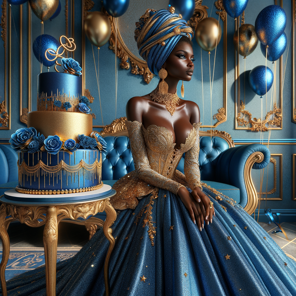 Create a 3-D realistic, African-American woman, she is seated on a luxurious blue couch. She is dressed in a splendid blue and gold gown, with the fabric shimmering like a starlit night sky. Her outfit is complemented by gold earrings and a chic blue and gold head wrap crowning her head with elegance. Beside her, a beautifully decorated birthday cake adorned with blue and gold icing, stands on a small table, with candles waiting to be wished upon. In the air, blue and gold balloons catch the light, adding a touch of magic. The room itself is a harmony of celebration, with hints of gold accents against blue decor, creating an atmosphere of joyous celebration.