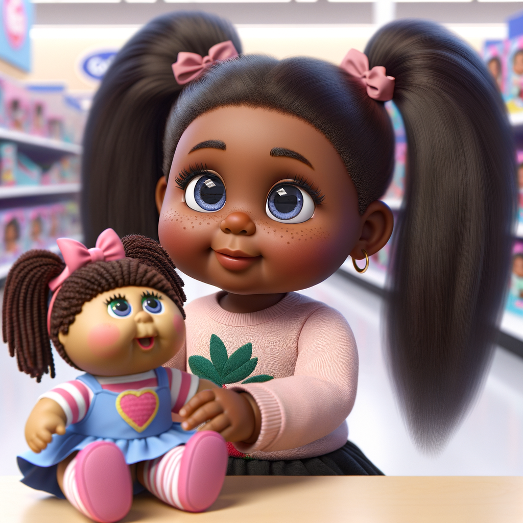 Create a 3-D realistic image of an African-American little girl above the age of five she has huge, blue eyes and thick long ponytails.
She is in a toy store and she is playing with her favorite african-American Cabbage Patch doll , the doll has deep, dimples and freckles