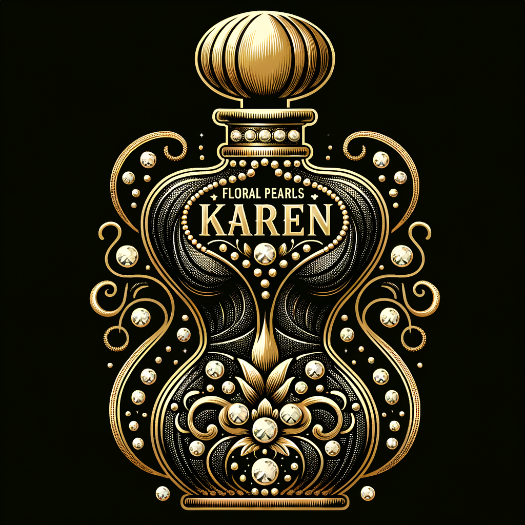 Design a fancy, black and gold bottle of perfume in the shape of a woman’s body. With a golden diamond top, flowers pearls and Diamonds in the name, Karen