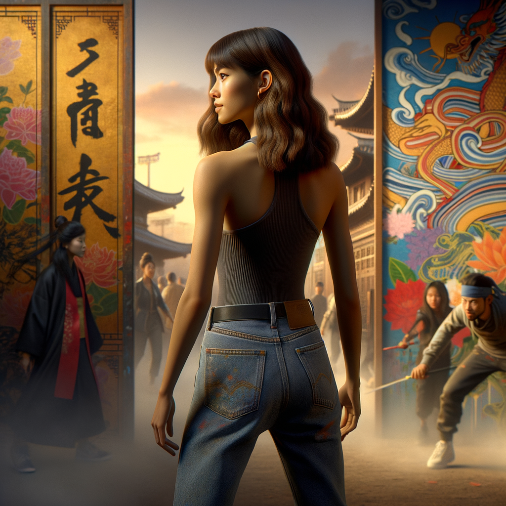 Athletic Thin skinny Attractive, Asian teenage girl, long brown hair and bangs, wearing tight skinny jeans and a halter top paint marks on her clothing, heroic pose Asian graffiti background, backside view