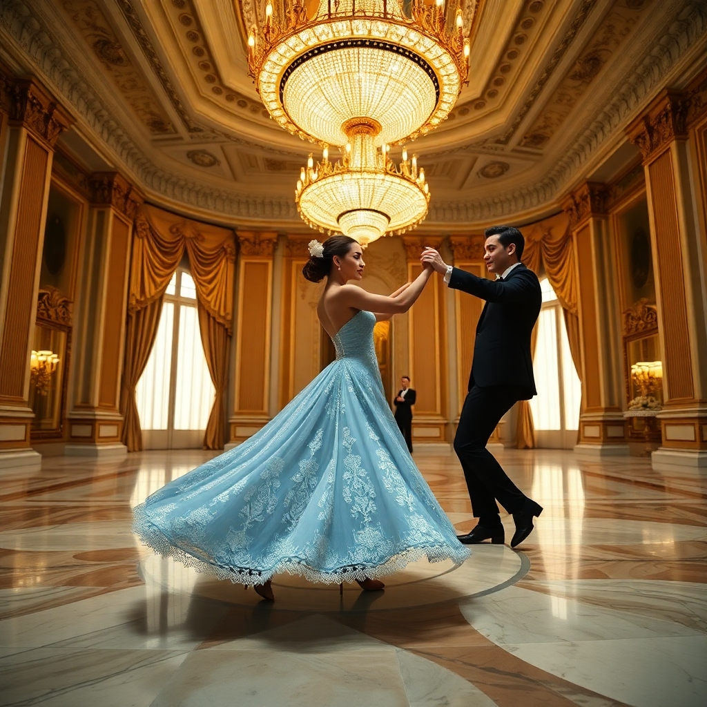 “A breathtaking wide-angle shot taken with a Nikon D850 and a 24-70mm f/2.8 lens. Dahlia Valentina (DahliaValentina_ai) fit tall supple well endowed tanned Italian American model glides gracefully across an opulent ballroom floor, caught mid-turn in a Viennese waltz. She wears a flowing ice-blue ballgown, its delicate lace details shimmering under the golden glow of an enormous crystal chandelier. Her posture is poised, her expression serene as she twirls with an elegant dance partner in a classic tuxedo. The grand ballroom features intricate gilded moldings, towering windows draped with silk curtains, and polished marble floors reflecting their movements. The air feels enchanted, as if time itself has slowed for this graceful moment. The soft depth of field blurs the background slightly, enhancing the dreamlike quality of the scene.”