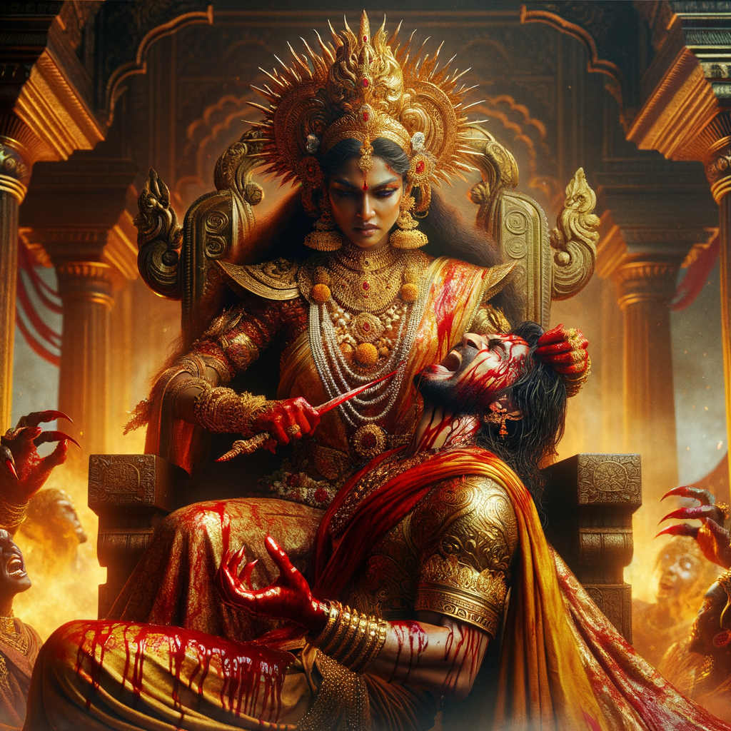 portrait of angry looking indian goddess sitting on a gold crown and carrying a weak mahishasur on her lap and poking him with her amazingly long red fingernails. She is wearing gold armor, a huge gold crown, gold saree, abundant  gold jewelry, covered in blood. The scene is set in ancient India. The image is 8K resolution, cinematic, photography, ultra detailed face and epic.