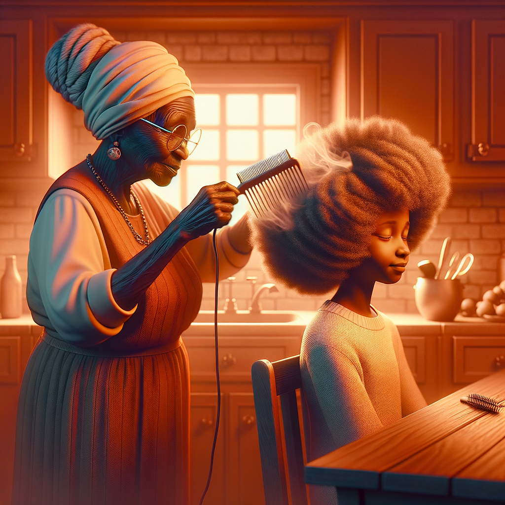 Create a realistic 3-D image of an african-American grandmother in the kitchen with her african-American granddaughter. The grandmother has a hot comb in her hair and she is straightening her granddaughters hair. One side of her granddaughters hair is in  a Afro the other is bone straight 
There is smoke coming from the hot comb