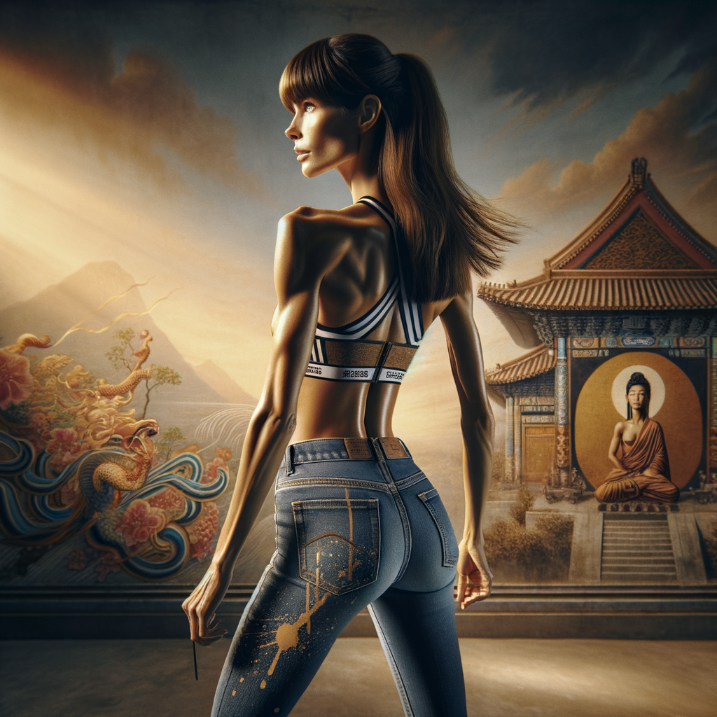 Athletic Thin skinny Attractive, Asian teenage girl, long brown hair and bangs, wearing tight skinny jeans and a halter top paint marks on her clothing, heroic pose Asian graffiti background, backside view