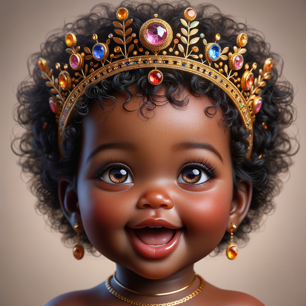 "Create a digital portrait of an adorable african-American baby girl with a joyful expression. She is wearing a gold crown with colorful jewels. Her big, bright blue eyes are wide with wonder, and her tiny mouth is shaped in a happy grin. Her skin has a warm, honey-brown tone, and she has an abundance of thick curly black hair, The background is soft and neutral to keep the focus on her delightful features. The portrait should be vibrant and heartwarming, celebrating the innocence and charm of childhood."