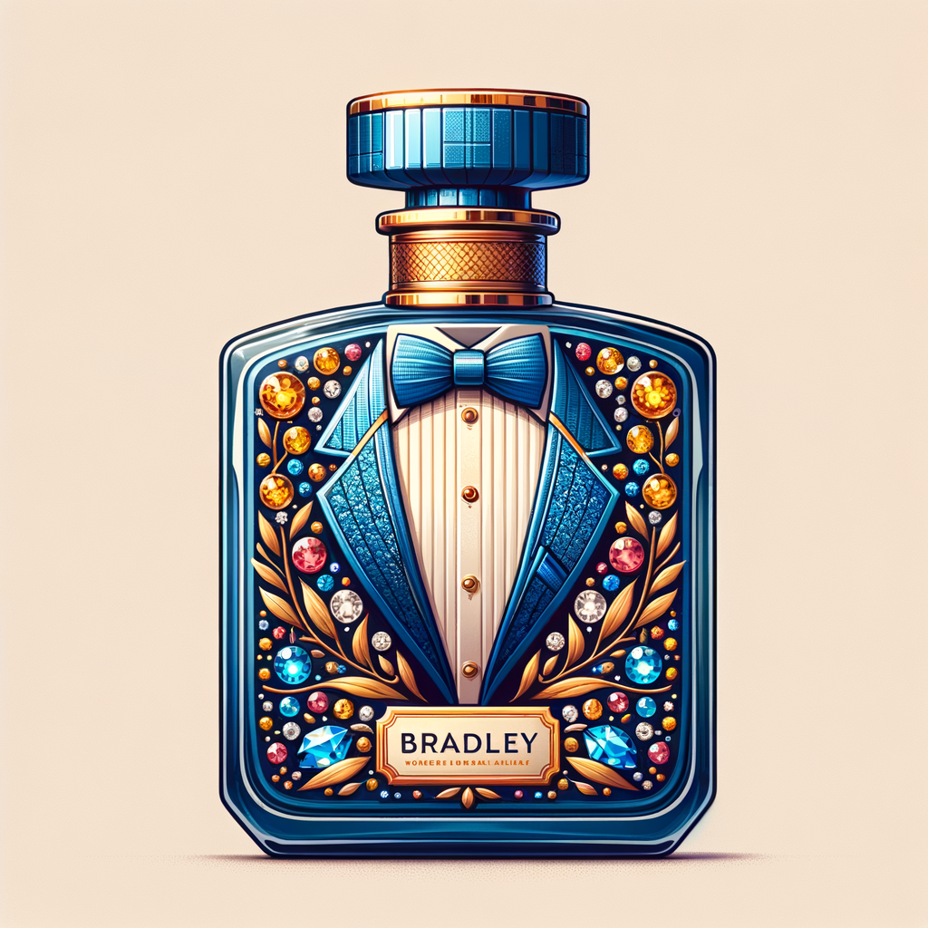 Create a blue and gold cologne bottle in the shape of a tuxedo with flowers with the name, Bradley and colorful jewels and diamonds