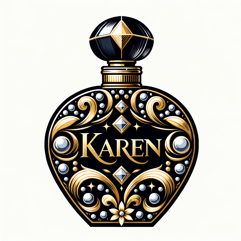 Design a fancy, black and gold bottle of perfume in the shape of a woman’s body. With a golden diamond top, flowers pearls and Diamonds in the name, Karen