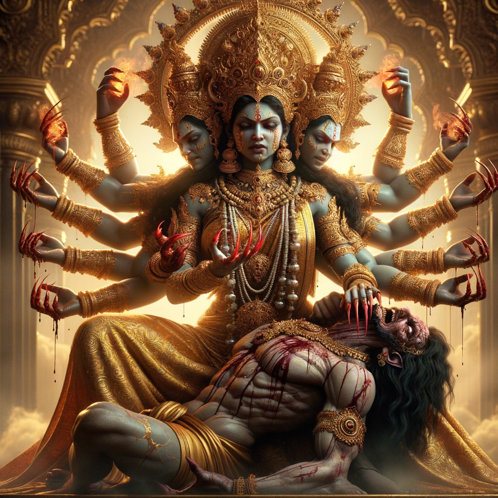 portrait of angry looking, four-armed indian goddess  sitting on a gold crown and carrying a weak mahishasur on her lap and poking his abdomen with her amazingly long red fingernails . She is wearing gold armor, a huge gold crown, gold saree, abundant  gold jewelry, covered in blood. The scene is set in ancient India. The image is 8K resolution, cinematic, photography, ultra detailed face and epic.