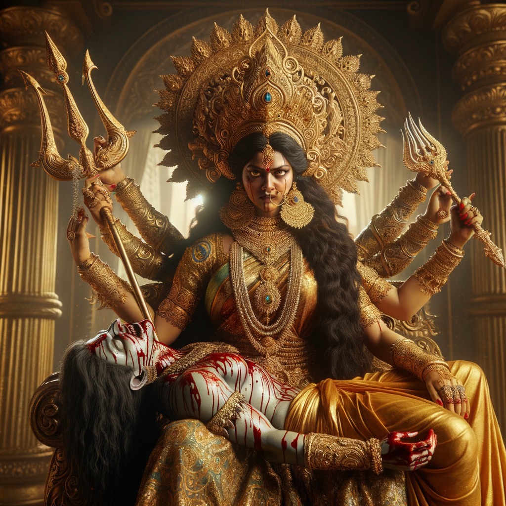 portrait of angry looking goddess durga sitting on a gold crown and carrying a weak mahishasur on her lap and stabbing him with her amazingly designed trident. She is wearing gold armor, a huge gold crown, gold saree, abundant  gold jewelry, covered in blood. The scene is set in ancient India. The image is 8K resolution, cinematic, ultra detailed face and epic.