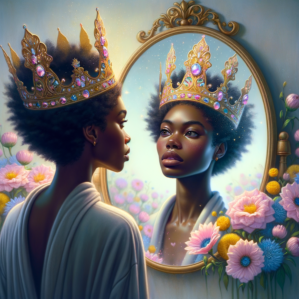 An African-American woman stands before a mirror, her gaze introspective and curious. As she peers into the reflective glass, a majestic transformation unfolds within its frame. Her reflection reveals not just her everyday visage, but that of a regal queen adorned with an elegant crown, symbolizing strength, wisdom, and grace. The crown is intricately designed, shimmering with the promise of untold stories and heritage. Around her, the background blossoms into a serene tableau of pastel flowers, each petal a whisper of beauty, resilience, and growth. These gentle hues of pinks, blues, and yellows create a soft, dreamlike atmosphere, enveloping the queen in a world where her royal essence is acknowledged and celebrated. This image captures the moment of self-realization and empowerment, a visual metaphor for the inner royalty that resides within, waiting to be acknowledged in the mirror of her soul.