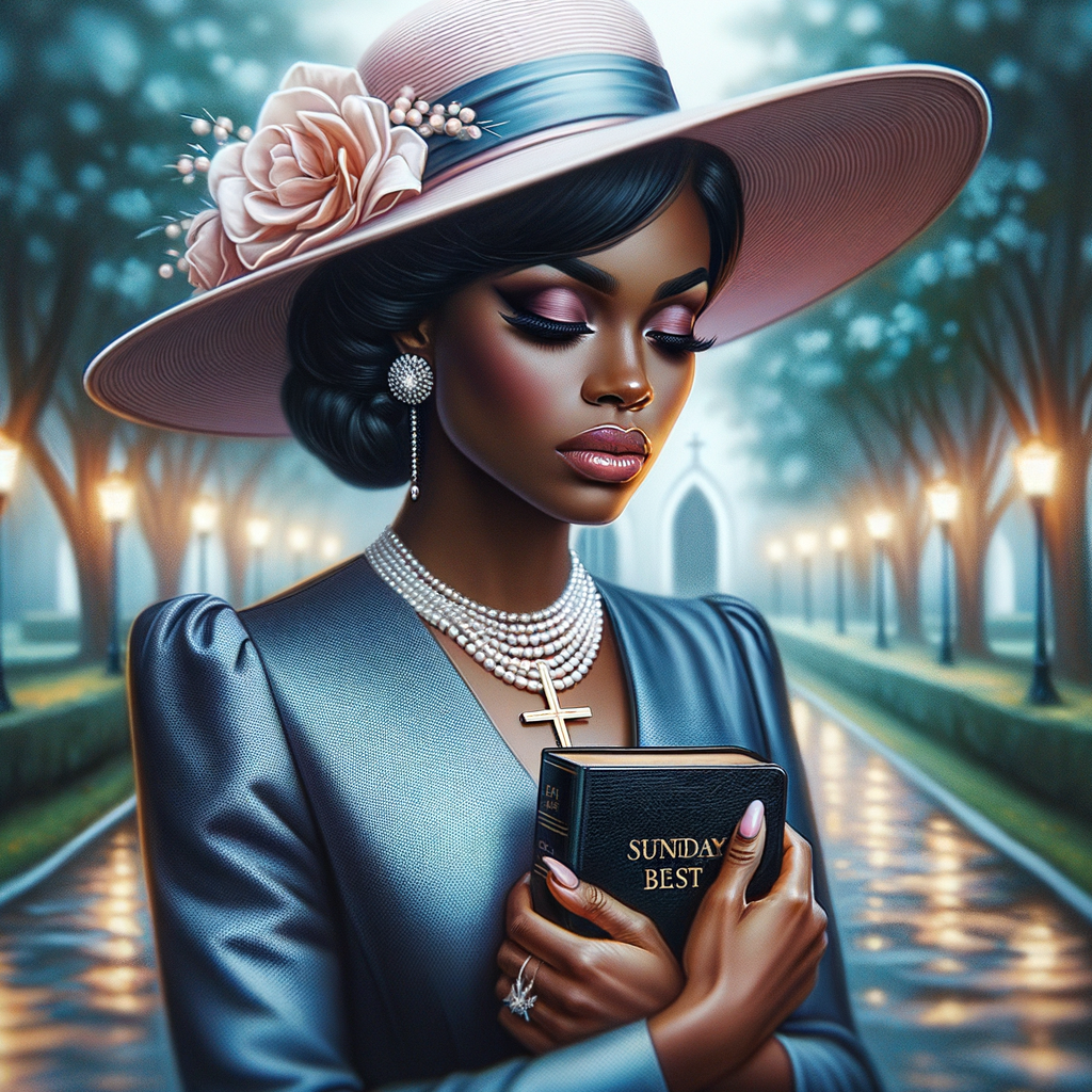 Render an airbrush oil painting of an African American woman with flawless makeup in a
contemplative pose, holding a Bible close to her heart, dressed in an elegant Sunday Best
outfit with a distinctive Church Hat. The background features a peaceful church garden,
with light filtering through the trees, highlighting her spiritual connection and the personal
moment of reflection. The artwork should capture the tranquility of the scene, the beauty
of her attire, and the depth of her contemplation, reflecting a serene and spiritually