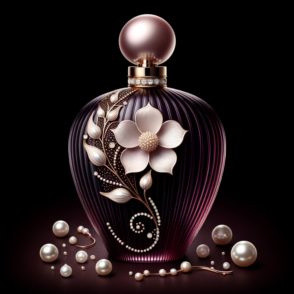 Create an image of a sophisticated perfume bottle that is designed to resemble the silhouette of a woman's figure. The glass of the bottle should be a deep, dark purple, evoking a sense of mystery and luxury. Adorning this unique bottle, there should be a pattern of a single, intricate white and soft pink flower, with a string of pearls that gracefully follows the curves of the bottle's form. The neck of the bottle, slim and elegant, is encircled by a band of gold inlaid with tiny sparkling diamonds, leading up to a large, lustrous pearl that serves as the bottle's cap. Include additional details such as scattered pearls, a petal, and a golden twig with a single pearl on the maroon surface around the bottle, all of which reinforce the sophisticated and luxurious theme. The perfume bottle is a signature piece for a person named Karen, reflecting her refined and elegant taste.