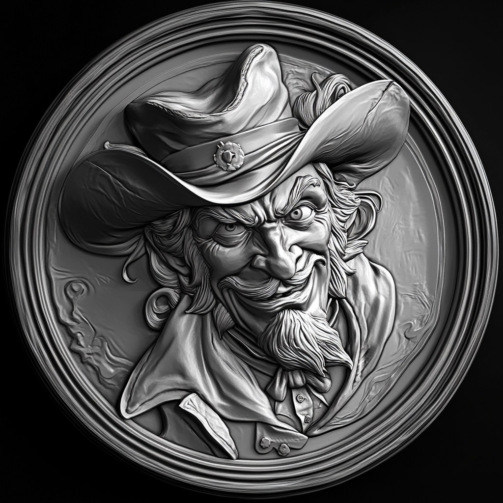 Design a high-contrast grayscale 3d bas relief of captain crunch, The composition should be circular like a coin emblem, designed for CNC routing with balanced lighting to accentuate fine details, sharp edges, and distinct textures. Employ deep shadows and strong highlights to define planes and surfaces clearly.