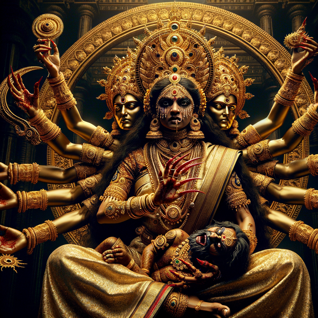 portrait of angry looking, four-armed indian goddess  sitting on a gold crown and carrying a weak mahishasur on her lap and poking his abdomen with her amazingly long red fingernails . She is wearing gold armor, a huge gold crown, gold saree, abundant  gold jewelry, covered in blood. The scene is set in ancient India. The image is 8K resolution, cinematic, photography, ultra detailed face and epic.