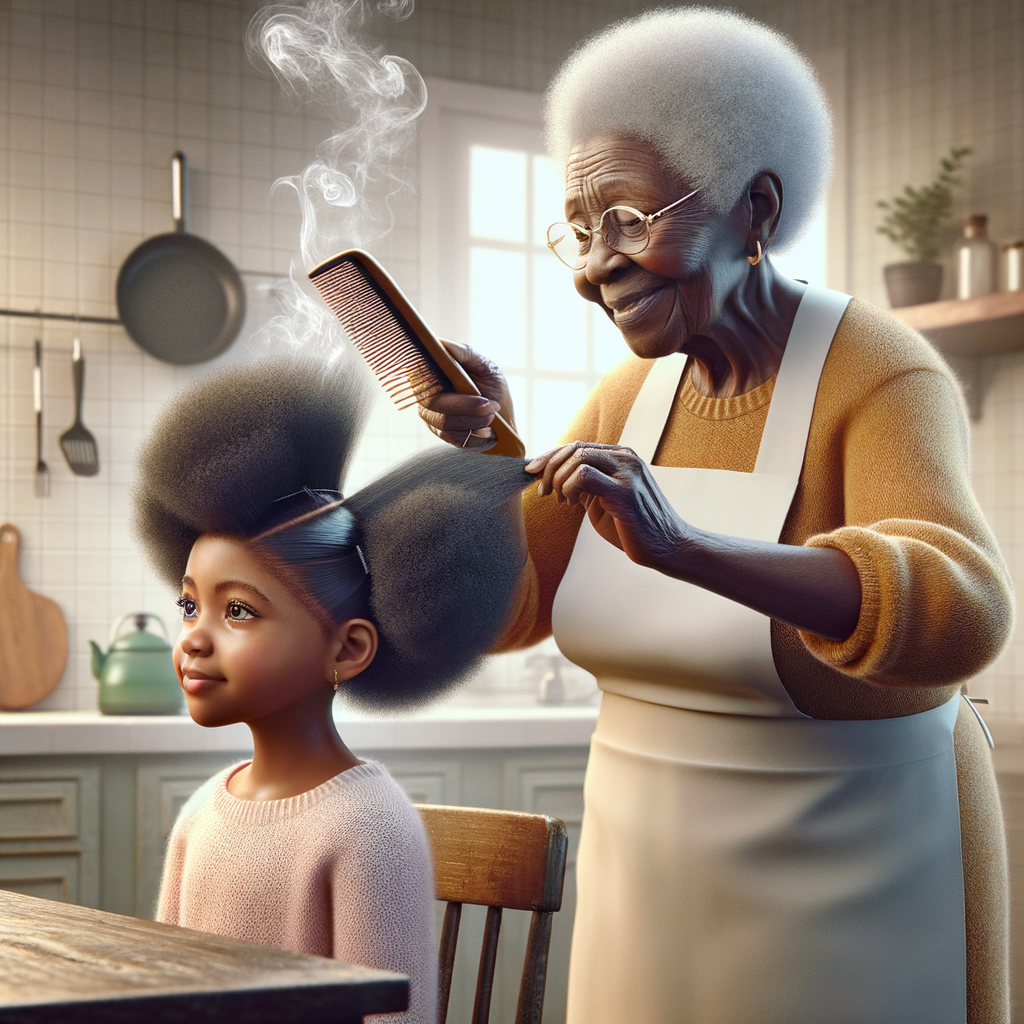 Create a realistic 3-D image of an african-American grandmother in the kitchen with her african-American granddaughter. The grandmother has a hot comb in her hair and she is straightening her granddaughters hair. One side of her granddaughters hair is in  a Afro the other is bone straight 
There is smoke coming from the hot comb