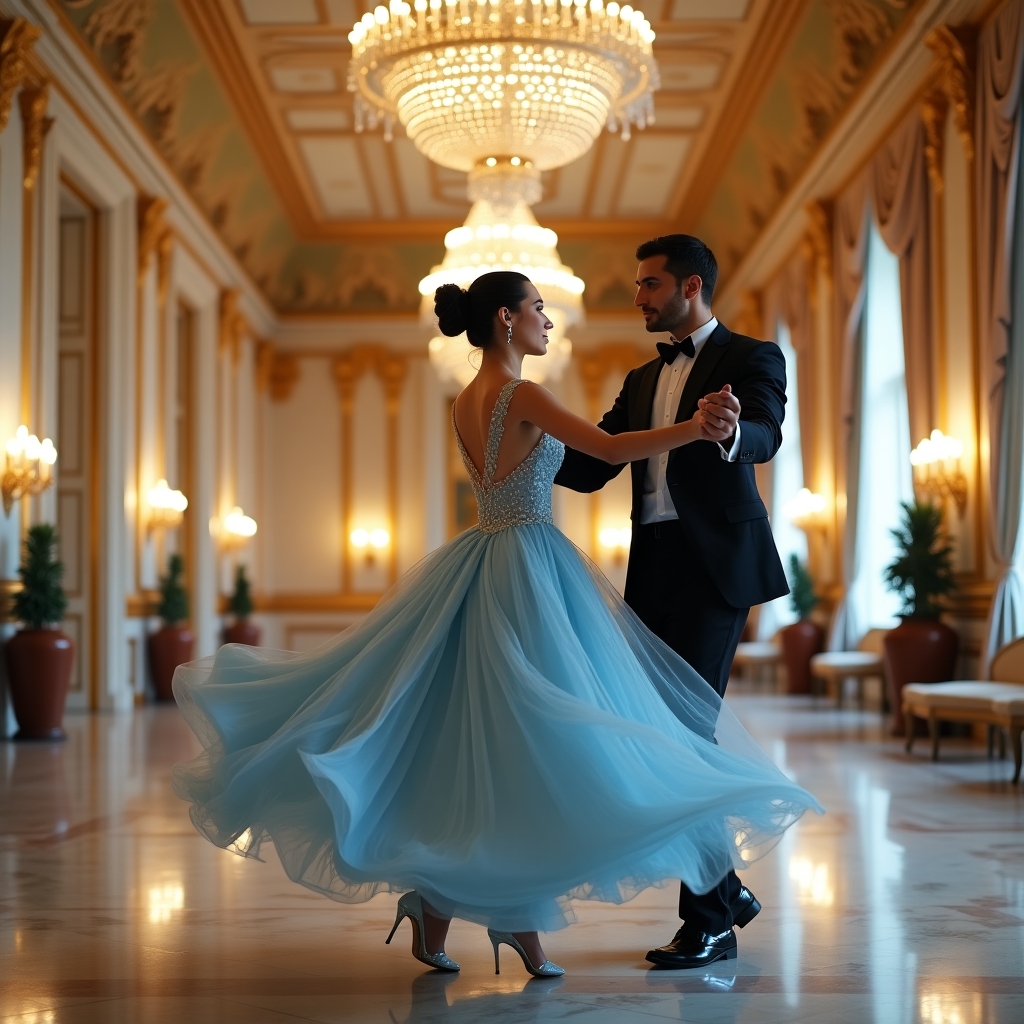 “A breathtaking wide-angle shot taken with a Nikon D850 and a 24-70mm f/2.8 lens.  Valentina (DahliaValentina_ai) (fit tall supple well endowed tanned Italian American model with long black hair in a formal bun) glides gracefully across an opulent ballroom floor, caught mid-turn in a Viennese waltz. ( ensure hands are well designed and detailed with nails painted light blue) She wears a flowing ice-blue ballgown, its delicate lace details shimmering under the golden glow of an enormous crystal chandelier. Her posture is poised, her expression serene as she twirls with an elegant dance partner in a classic tuxedo. The grand ballroom features intricate gilded moldings, towering windows draped with silk curtains, and polished marble floors reflecting their movements. The air feels enchanted, as if time itself has slowed for this graceful moment. The soft depth of field blurs the background slightly, enhancing the dreamlike quality of the scene.”