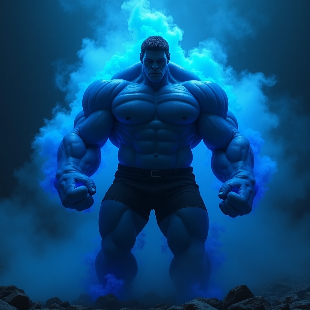 Blue  Fire smoke, blue incredible hulk, muscular body, giant size, 4k,