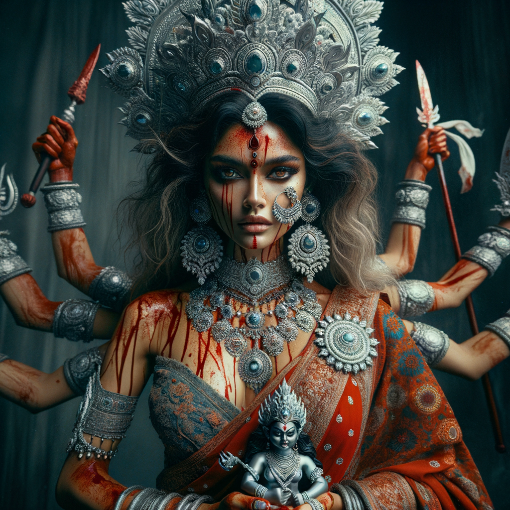 portrait of angry looking, gorgeous goddess durga cosplayer carrying a weak mahishasur in her two arms. She is wearing a huge silver crown, red saree, abundant silver jewelry, covered in blood. The scene is set in ancient India. The image is 8K resolution, cinematic, ultra detailed face and epic.